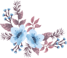 hermoso arreglo de flores azules y hojas marrones ilustración acuarela png