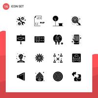 Mobile Interface Solid Glyph Set of 16 Pictograms of egg virus city search bug Editable Vector Design Elements