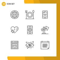 Set of 9 Vector Outlines on Grid for mobile application application sign plus love Editable Vector Design Elements