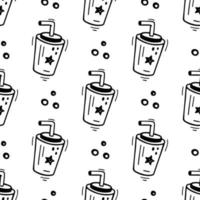 Hand drawn fast food drink paper cup seamless pattern. Fast food texture, fabric, wrapping paper illustration. Sketch of soda beverage in plastic cup. Fast food beverage illustration in doodle style. vector