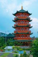 una pagoda en el centro de un barrio chino con la estatua de guan yin. foto