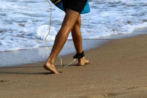 A man walks barefoot on the sand by the sea photo