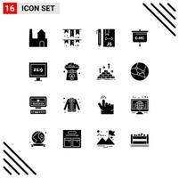 16 User Interface Solid Glyph Pack of modern Signs and Symbols of aspect ratio presentation cloud education programming Editable Vector Design Elements