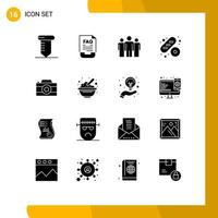 Modern Set of 16 Solid Glyphs Pictograph of picture camera business food baguette Editable Vector Design Elements