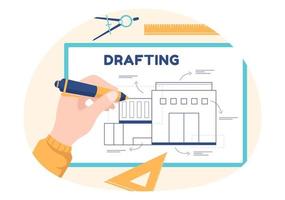 Drafting, Engineer or Architect Working on Drawing Board Projecting and Draft in Flat Cartoon Hand Drawn Templates Illustration vector