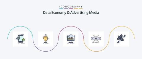 datos economía y publicidad medios de comunicación línea lleno plano 5 5 icono paquete incluso red. arquitecto. borde. Procesando. monitor vector