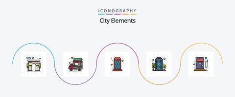 City Elements Line Filled Flat 5 Icon Pack Including gas. living area. booth. house. building vector