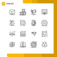 Pack of 16 Modern Outlines Signs and Symbols for Web Print Media such as communication net horn pole basketball Editable Vector Design Elements