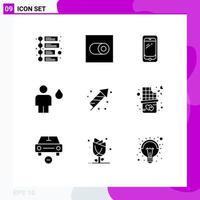 Pack of 9 creative Solid Glyphs of fire human mobile fire body Editable Vector Design Elements