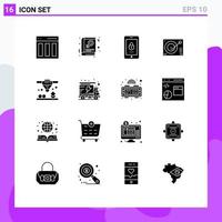 Solid Glyph Pack of 16 Universal Symbols of record phonograph sign device security Editable Vector Design Elements