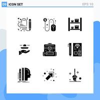 Mobile Interface Solid Glyph Set of 9 Pictograms of briefcase lunch box serve waiter Editable Vector Design Elements