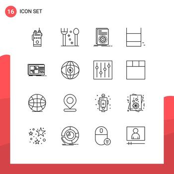 Pack of 16 Modern Outlines Signs and Symbols for Web Print Media such as control ring code play script Editable Vector Design Elements