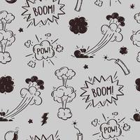 Pattern cosmic explosion and bombs. Speech bubbles with the words boom, boom, bang. Vector illustration of doodles