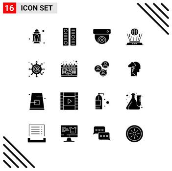 Set of 16 Vector Solid Glyphs on Grid for black hole connect file cover router internet Editable Vector Design Elements