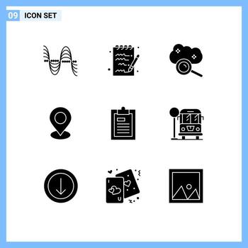 9 Universal Solid Glyph Signs Symbols of clipboard marker cloud computing map internet cloud Editable Vector Design Elements