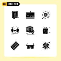 Solid Glyph Pack of 9 Universal Symbols of pin khana configuration health gym Editable Vector Design Elements