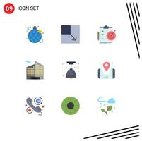 Mobile Interface Flat Color Set of 9 Pictograms of light bulb electric report office building Editable Vector Design Elements