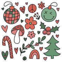 Groovy Christmas clip art elements set. Retro 70s hippie collection of cute festive winter hand drawn doodles - xmas tree. disco ball, holly berry, mistletoe, amanita mushroom, hearts. Vector