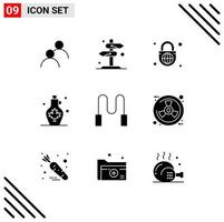 Group of 9 Modern Solid Glyphs Set for leaf water arrow kettle globe with lock Editable Vector Design Elements