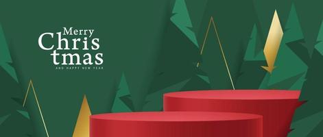 banner de navidad con pantalla de producto rojo y fondo abstracto de árbol de navidad vector