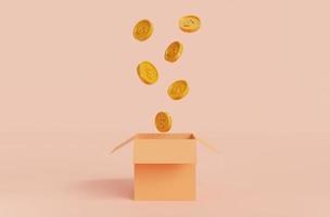 Open isolated box with coins coming out on pink background.Symbol of goals in investing.savings and business.money management.Saving and money growth concept.Dollar.Money box.Open box.3D rendering photo