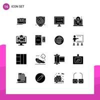 Solid Glyph Pack of 16 Universal Symbols of computer design cardiogram computer hospital Editable Vector Design Elements