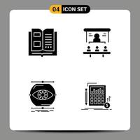 Modern Set of 4 Solid Glyphs Pictograph of book visualize reading office monitoring Editable Vector Design Elements