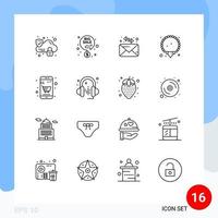 Modern Set of 16 Outlines Pictograph of headphone cart mail business mala Editable Vector Design Elements