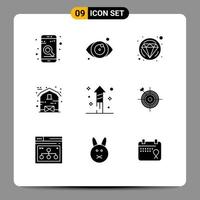 Pack of 9 Modern Solid Glyphs Signs and Symbols for Web Print Media such as focus halloween diamond fireworks house Editable Vector Design Elements