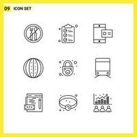 Universal Icon Symbols Group of 9 Modern Outlines of padlock watermelon online melon food Editable Vector Design Elements