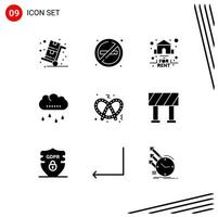 Pack of 9 creative Solid Glyphs of food rainy no smoke rain rent Editable Vector Design Elements