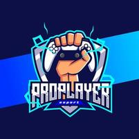 pro player esport logo character design, with hand holding stick game controller vector