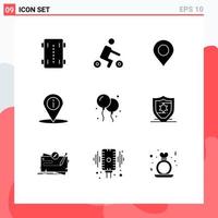 9 User Interface Solid Glyph Pack of modern Signs and Symbols of balloon place transport navigation world Editable Vector Design Elements