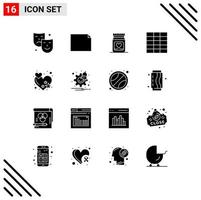 Pack of 16 Modern Solid Glyphs Signs and Symbols for Web Print Media such as options heart love rate wireframe Editable Vector Design Elements