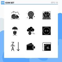 Mobile Interface Solid Glyph Set of 9 Pictograms of shield safety success protection sending Editable Vector Design Elements