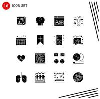 16 User Interface Solid Glyph Pack of modern Signs and Symbols of song music head headset security Editable Vector Design Elements