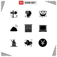 Modern Set of 9 Solid Glyphs Pictograph of buildings spring emots sky cloud Editable Vector Design Elements