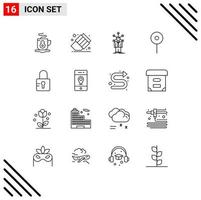 Modern Set of 16 Outlines Pictograph of location locked network lock maps Editable Vector Design Elements