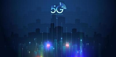 Tecnología 5g con computadora y línea de conexión de red móvil entre edificios. conectividad y sistemas de redes globales e Internet de las cosas concepto. diseño vectorial vector