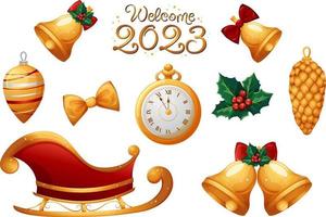 Set of Christmas cartoon items in gold. Sleigh, Christmas tree toys, clock, welcome 2023 inscription vector