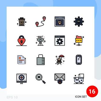Pack of 16 Modern Flat Color Filled Lines Signs and Symbols for Web Print Media such as lock process browser development coding Editable Creative Vector Design Elements