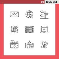 Modern Set of 9 Outlines Pictograph of rack server arrow cancer sign communication Editable Vector Design Elements