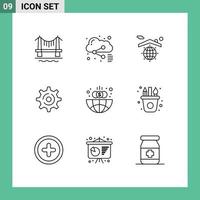 Set of 9 Vector Outlines on Grid for global business earth setting internet Editable Vector Design Elements