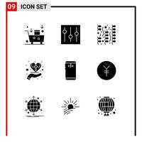 Universal Icon Symbols Group of 9 Modern Solid Glyphs of christian care heart setting hand party Editable Vector Design Elements