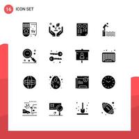 Pack of 16 Modern Solid Glyphs Signs and Symbols for Web Print Media such as magnifier pool cons platform diving Editable Vector Design Elements