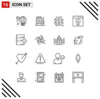 Pictogram Set of 16 Simple Outlines of base user heart message download Editable Vector Design Elements