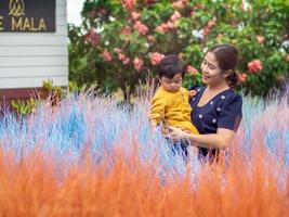 Asian mother and son of Thai nationality and colorful grass at De mala Cafe, Thung Saliam, Sukhothai, Thailand. photo