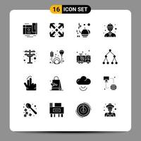 Mobile Interface Solid Glyph Set of 16 Pictograms of cable power teapot electric tower worker Editable Vector Design Elements