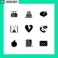 Modern Set of 9 Solid Glyphs Pictograph of heart attack moon message cresent mosque Editable Vector Design Elements