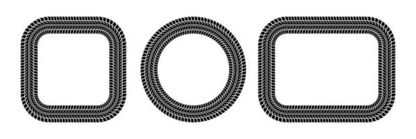 Auto tire tread rectangle and circle frame. Car and motorcycle tire pattern, wheel tyre tread track print. Black tyre square and round border. Vector illustration isolated on white background